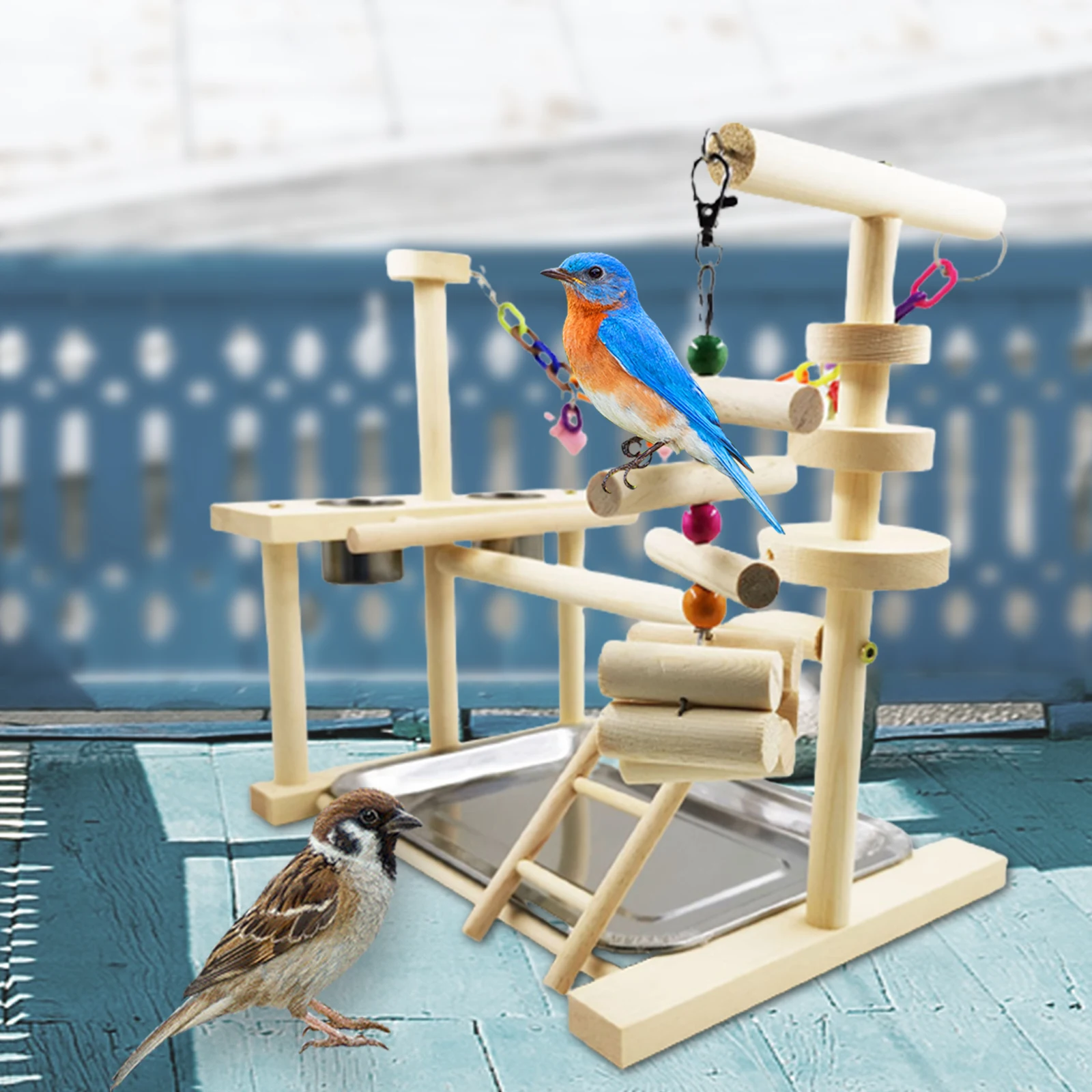 Parrot Playstand Bird Play Stand Cockatiel Playground Wood Perch Gym Playpen Ladder with Feeder Cups Toys 