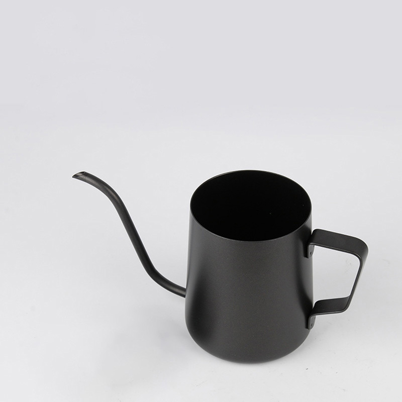 A stylish black watering can, similar in elegance to the 304 Stainless Steel Milk Cup Coffee House Essential High-Quality Coffee Set, boasts a long, narrow spout and a robust handle. This piece is ideal for watering plants and serves as an eye-catching coffee accessory, beautifully displayed against a simple light gray backdrop.