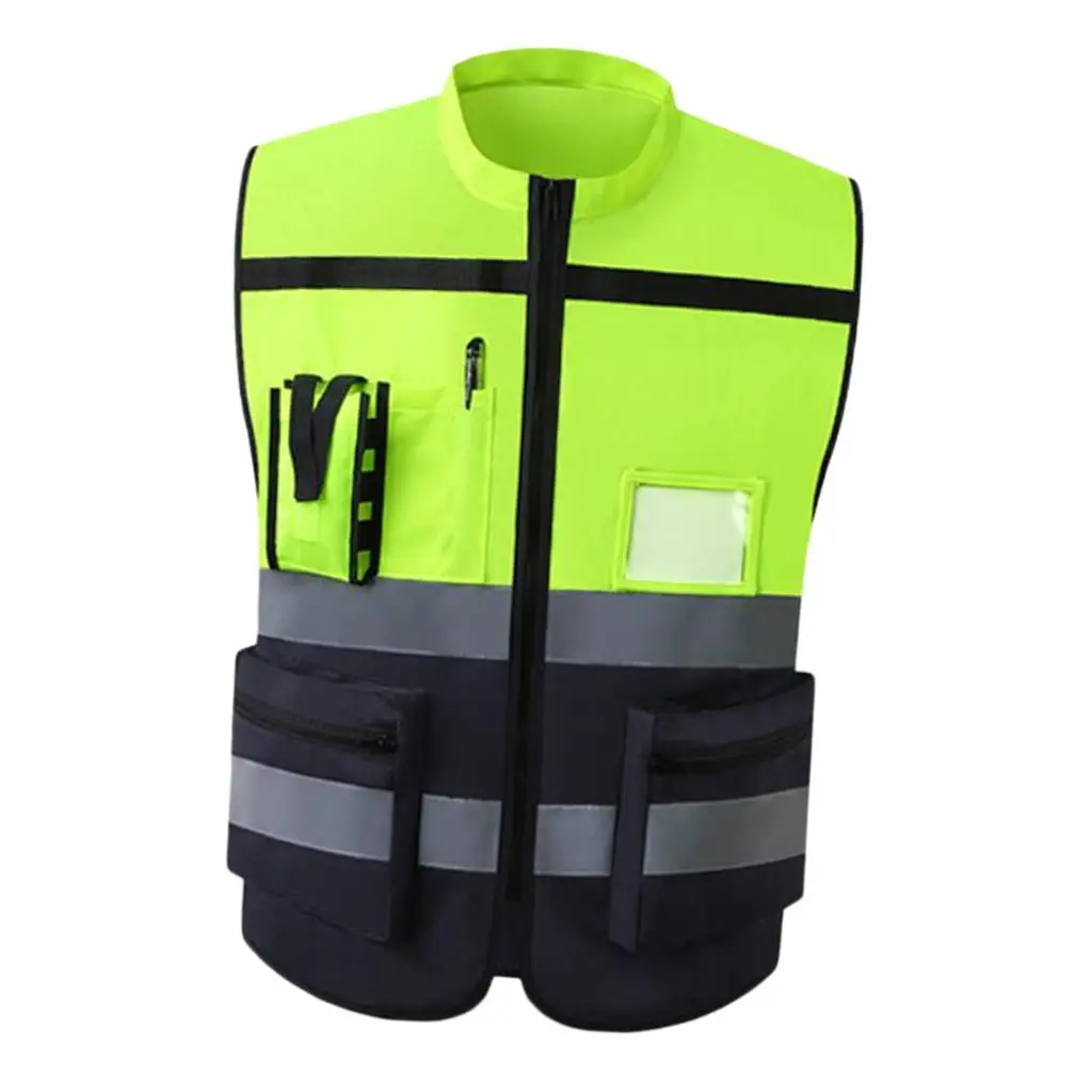 Multi Pockets High Visibility Zipper Front Safety Vest With Reflective Strips, Premium Style-F