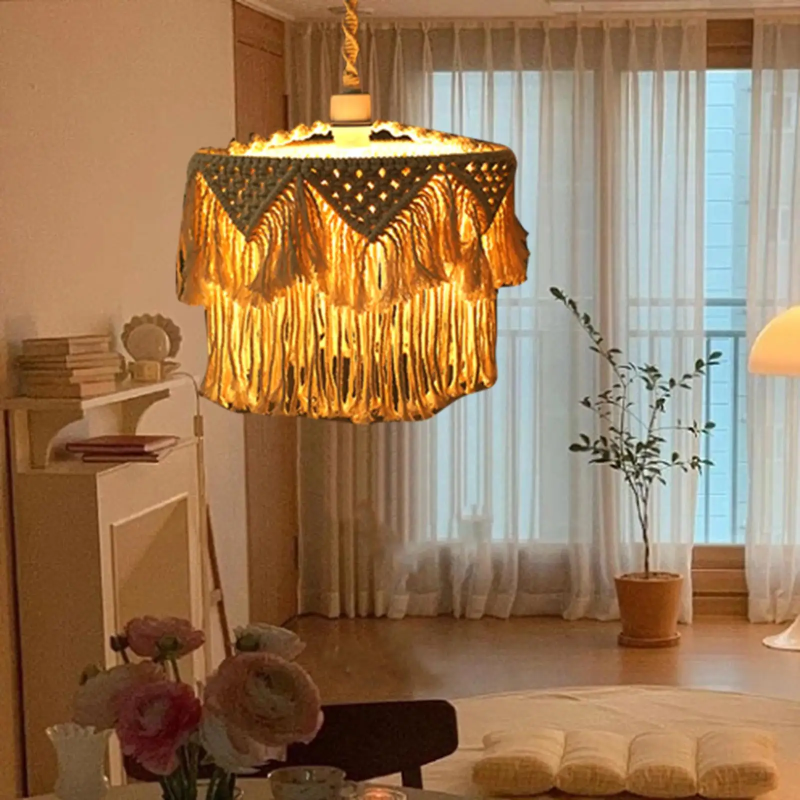 Macrame Lamp Shade Bohemian Nordic Handmade Woven Light Cover Chandelier Lampshade for Nursery Home Bedroom Wedding Decoration