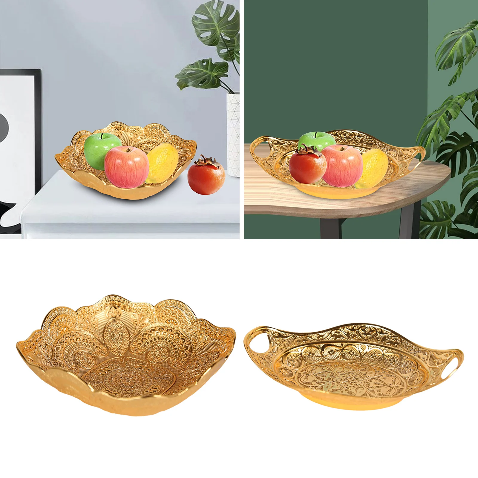 Gold Fruit Plate Trinket Jewelry Earrings Necklace Dish Cupcake Snack Tray Bowl Platter for Centerpiece Wedding Party Decor