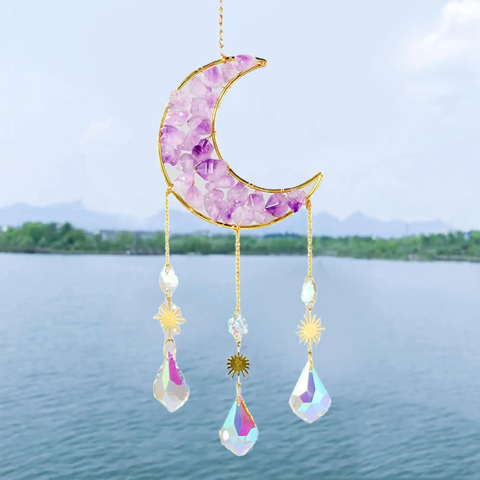 Crystal Wind Chime Moon Pendant Rainbow Maker Hanging Ornament Feng Shui for Home Window Office Decoration Gift