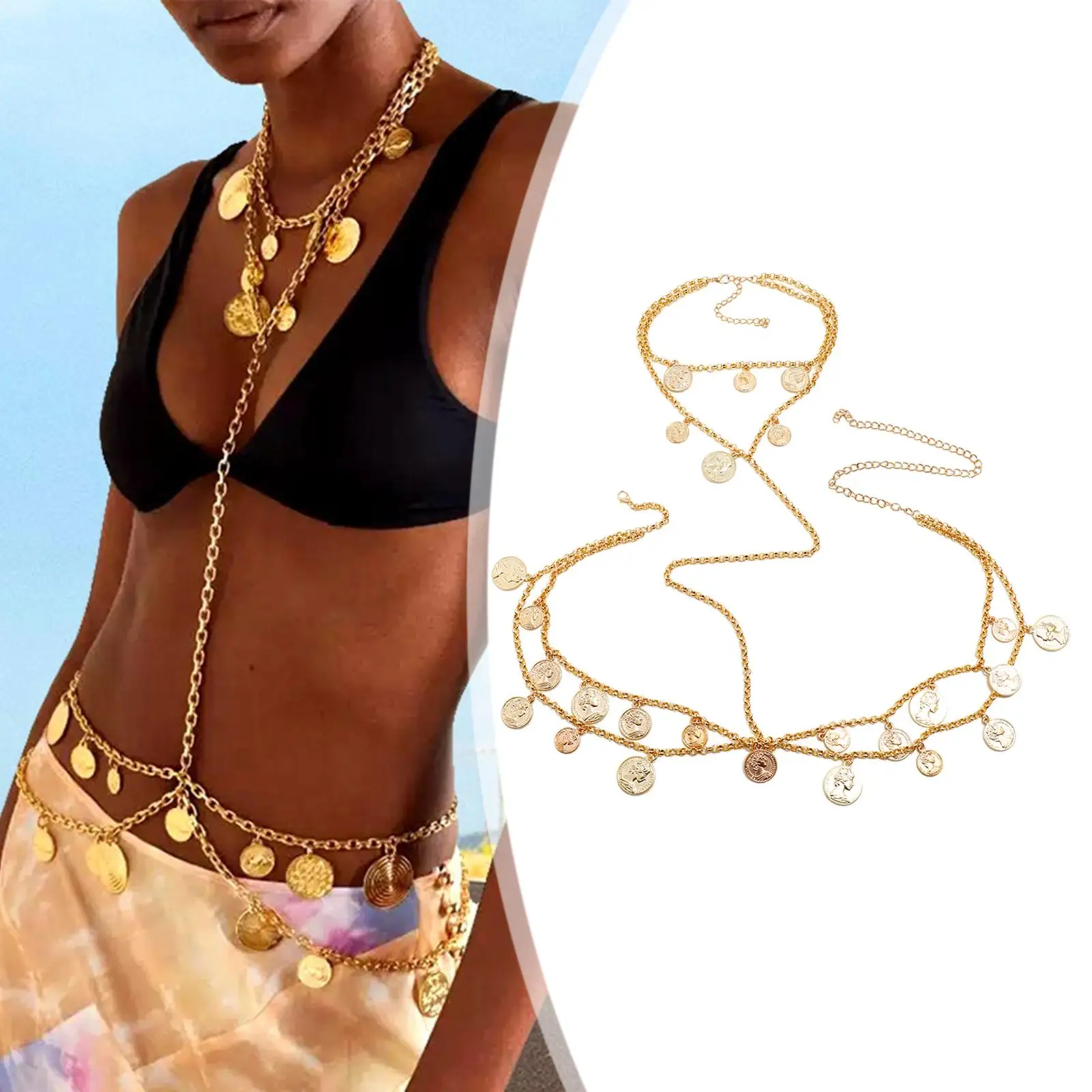 Body Chain Jewelry Multi-Level Alloy Golden Coin Pendant Gold Waist Chain Necklace for Beach Party Gift Girls Women