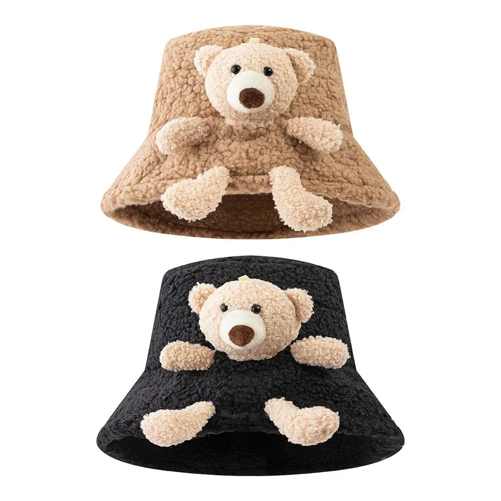Women Warm Bucket Hat 3D Stuffed Cute Outdoor Harajuku Teddy Bear Plush