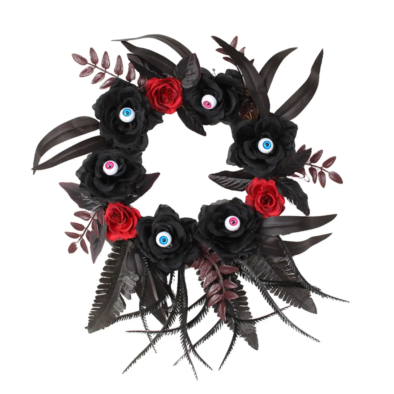 Halloween Artificial Eyeball Black Rose Hanging Wreath Decoration Sturdy Handmade Floral Garland Diameter 35cm for Entryway