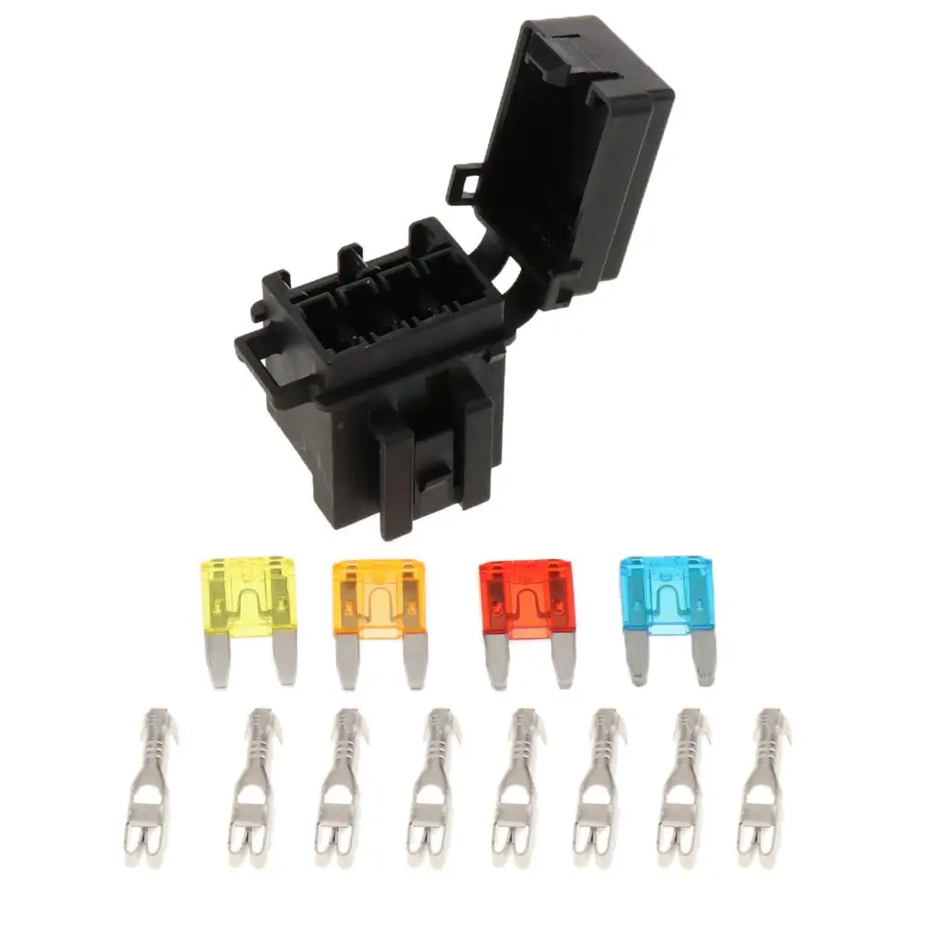 Universal 4 Way Blade Fuse Holder Box with Spade Terminals and Fuse Relay for Truck, RV, Boat, Trailer