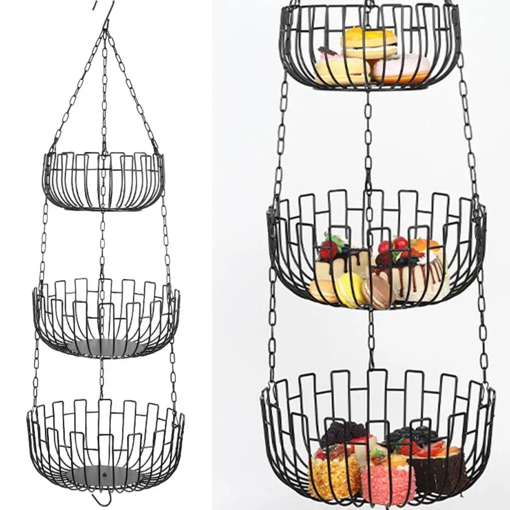 Iron Tier Hanging Fruit Basket Holder Storage Saving Decor