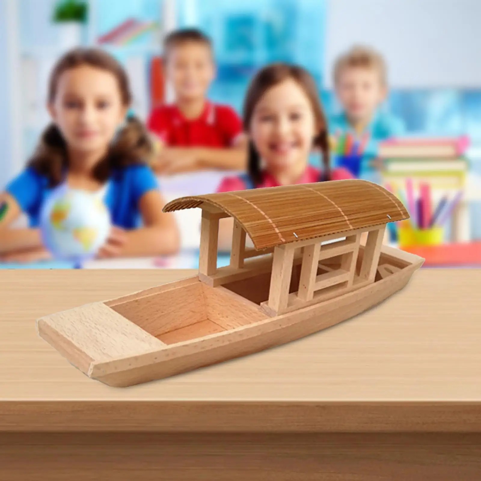 Wooden Awning Boat Mini Rowboat Toy Model for Desktop Shelf Decorations