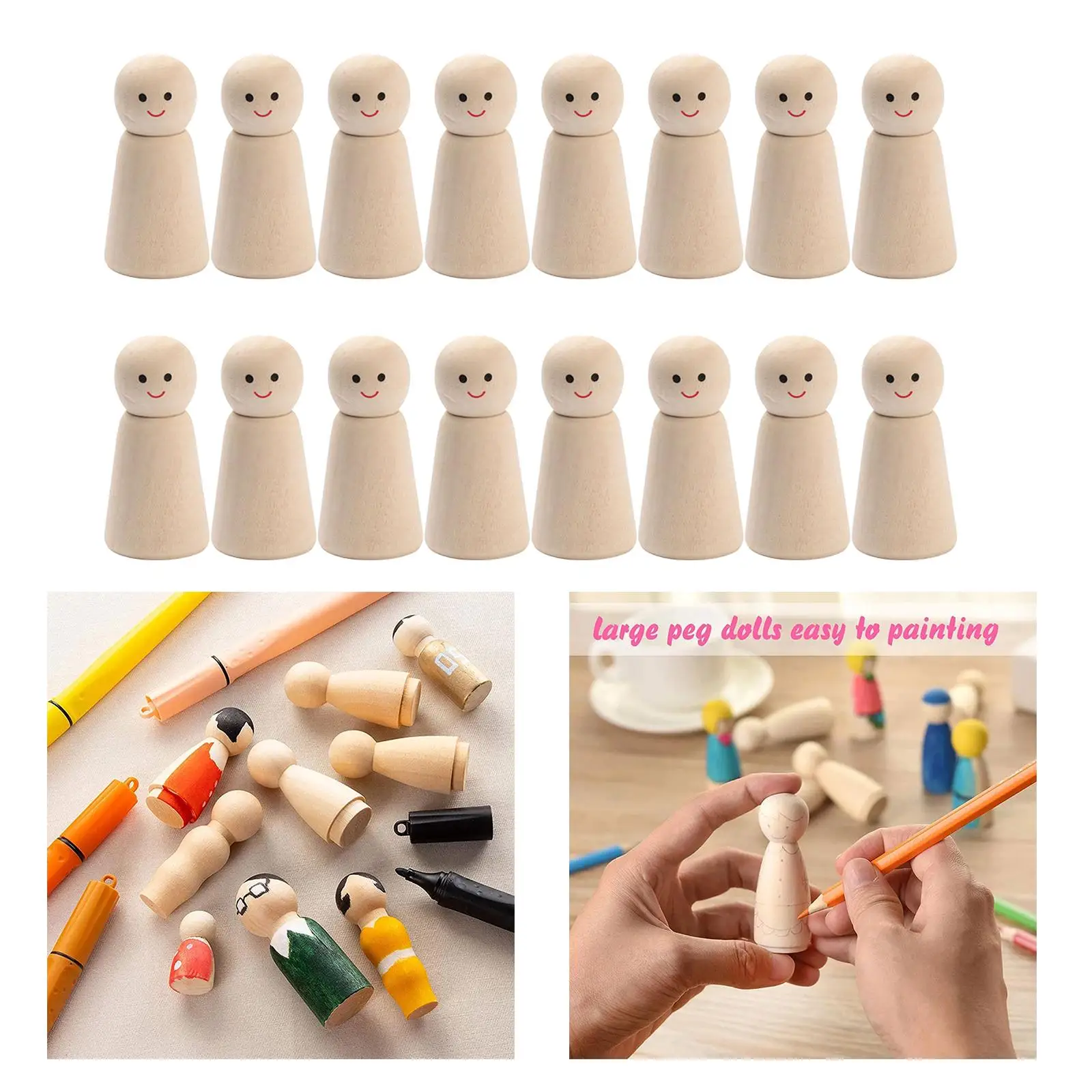 16pcs/set Unfinished Wooden Peg Dolls People Unpainted Hobby Woodworking