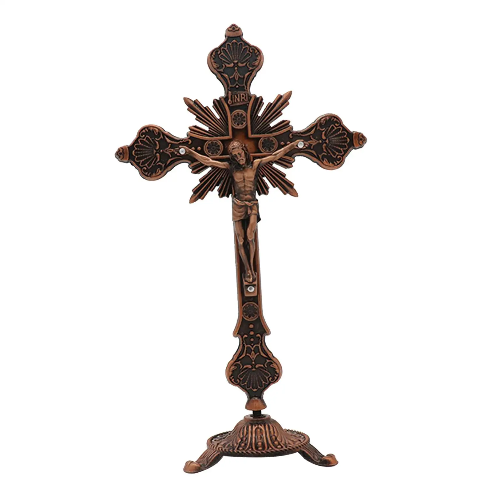 Metal Crucifix Table Cross, Catholic Table Cross with Stand for Prayer