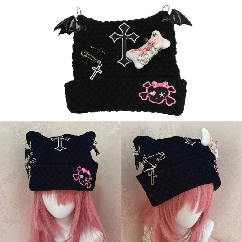 Cat Ear Beanie: Stylish Black Knitted Hat with Jewelry