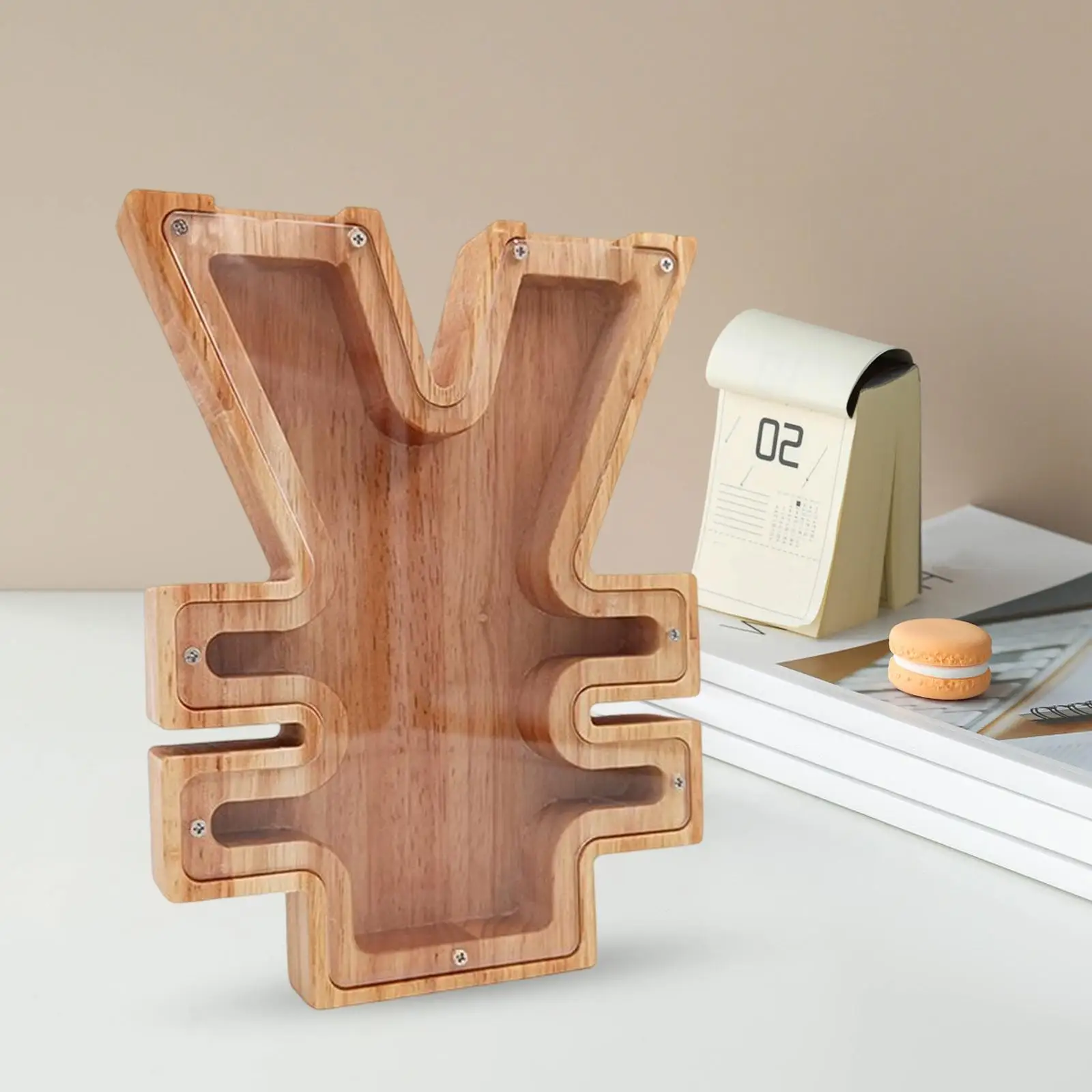Wooden Money Box Rmb Symbol with Transparent Window Decorative Transparent for Home Dorm