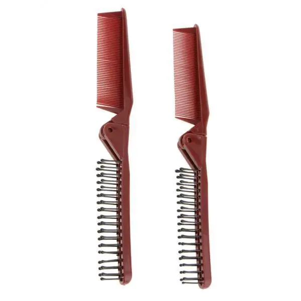 2x2Pcs Plastic Dual Hair Brush Pocket Folding Travel Comb Anti Static Wine Red