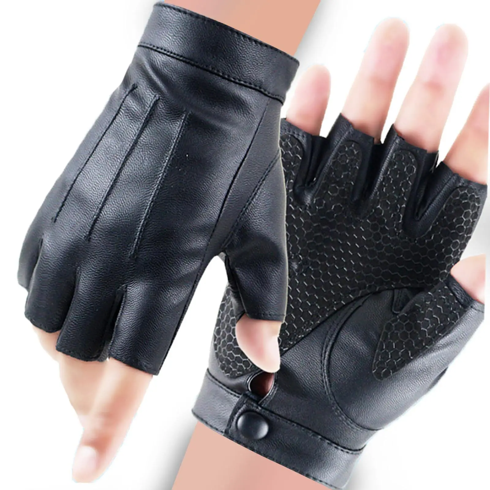 Breathable PU Leather Gloves Non Slip Palm Protection Lightweight Half Finger Gloves for Driving Running Hiking Cycling Riding