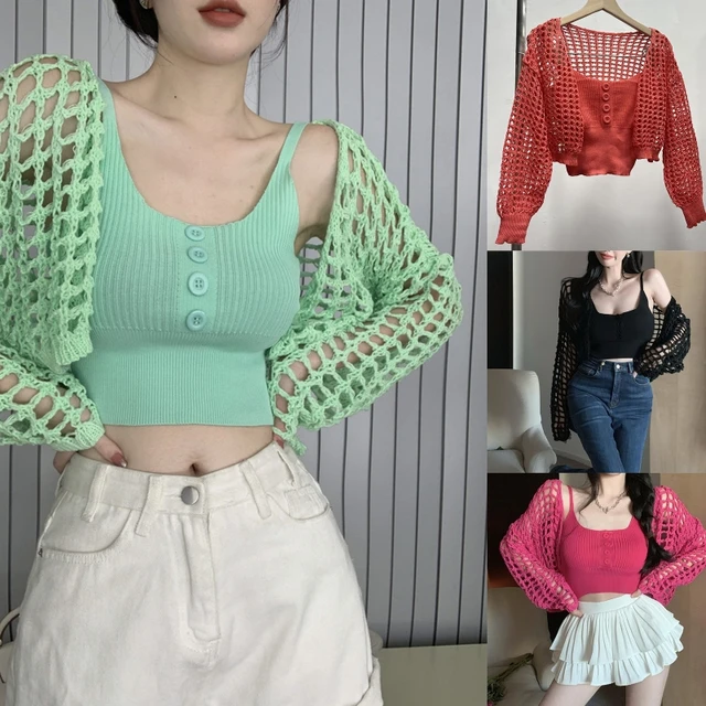 Women Sexy Hollow Out Crochet Knit Crop Tops Long Sleeve V Neck Drawstring  Beach Cover Up Tee Shirt (Apricot, S) at  Women's Clothing store