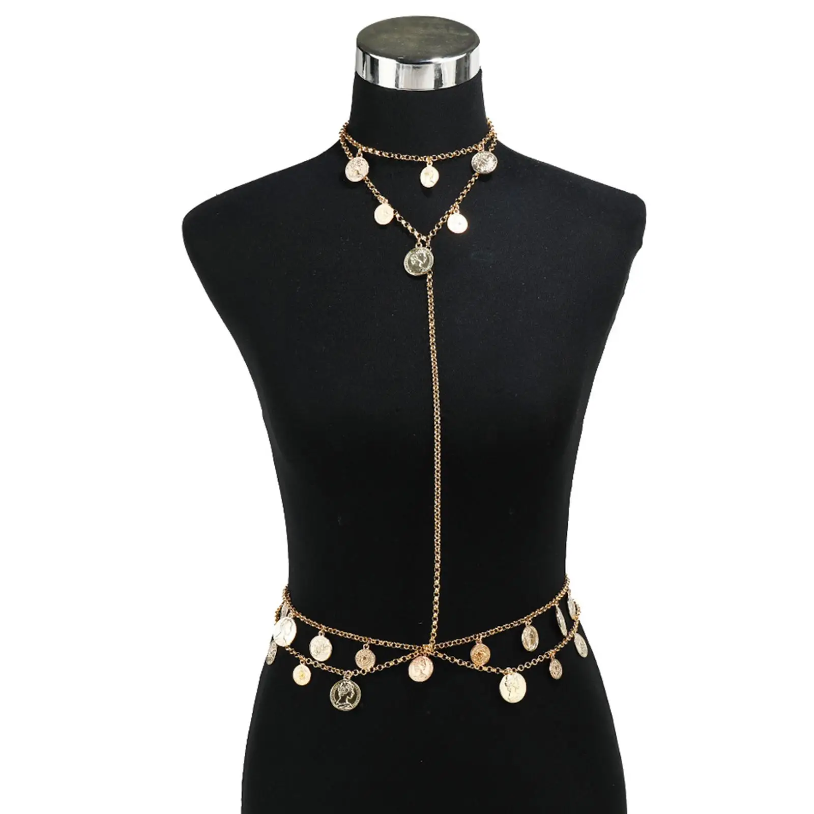 Body Chain Fashion Jewelry Alloy Multi-Level Gold Golden Coin Pendant Waist Chain Necklace for Gift Beach Nightclub Girls Women