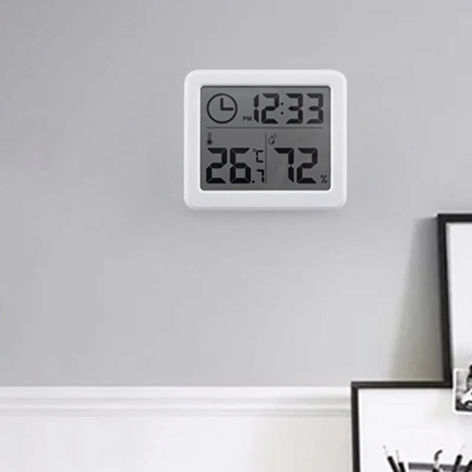  Hygrometer  Clock Function Temperature Battery LCD  Meter for Indoor Restaurants Closet  Room