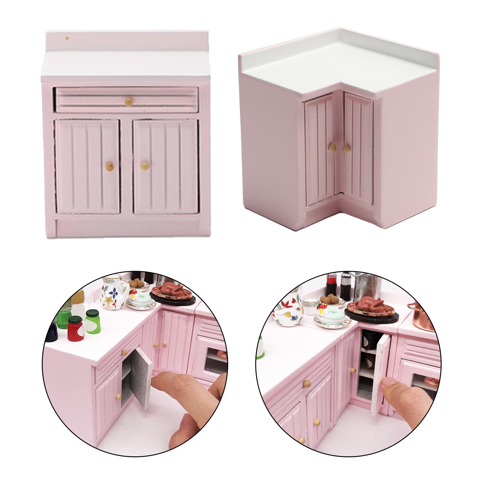 Dollhouse Small Kitchen Cupboard Furniture Pink Doll House Cabinet Kids Play Toys Dining Room Decoration Ornament Accessories