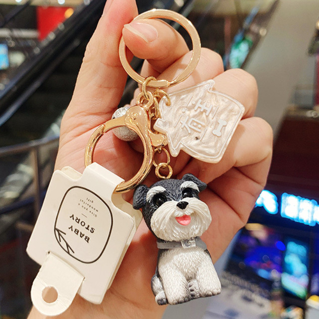 Resin Handicraft Animal Dog Keychains Schnauzer Key Chains Backpack Pendant  Shaking Head Teddy Car Decoration Keyring