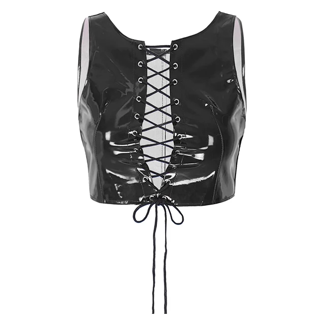 Womens Latex Faux Leather Lace-up Corselet Corset Mock Neck Sleeveless Vest  Top Camisole Zipper Back Cropped Crop Tops Clubwear - AliExpress