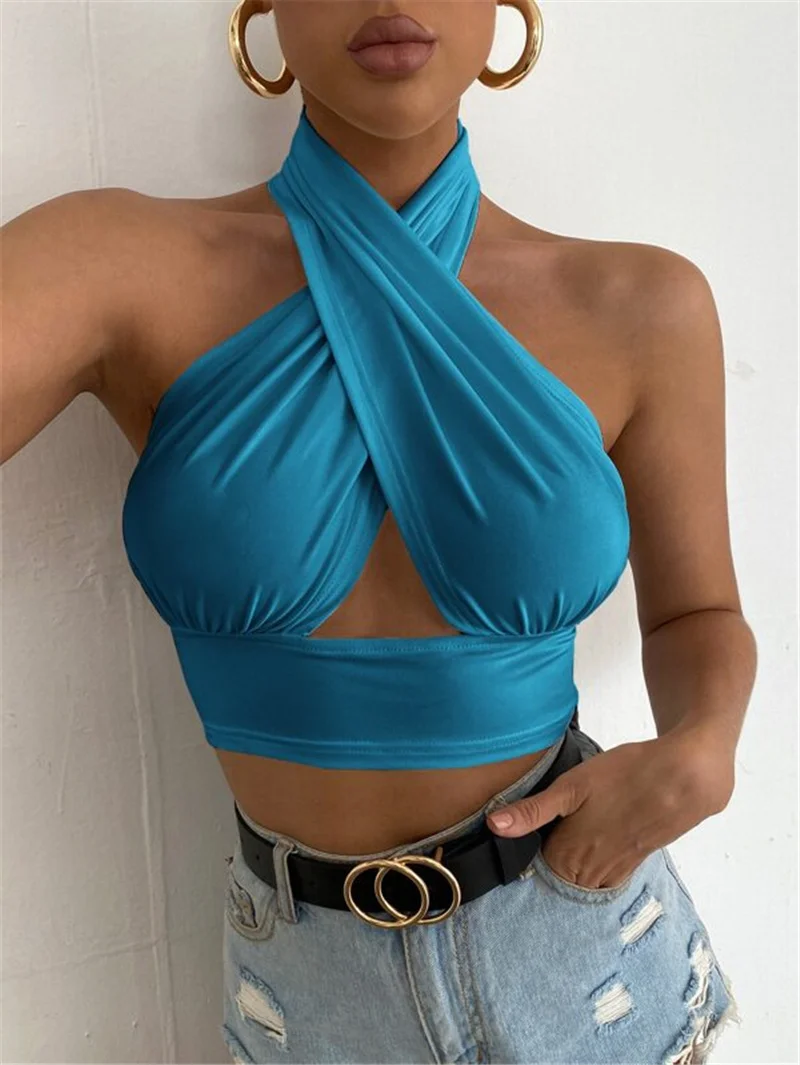 Women Summer Tank Tops Sexy Solid Color Cross Halter Neck Push Up Hollow Crop Tops 2022 New Fashion gym bra