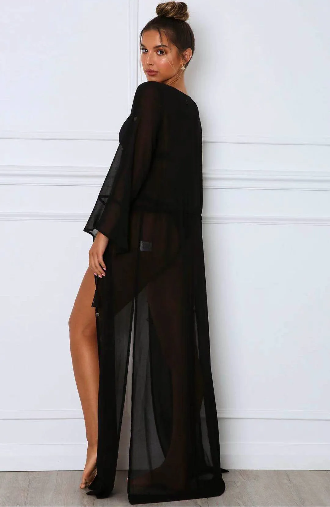 bathing suits with matching cover ups Women Summer Bikini Cover Up, Sheer Long Sleeve Deep V-Neck Loose Button Closure Drawstring Long Cardigan Long Dress swim skirt cover up no brief