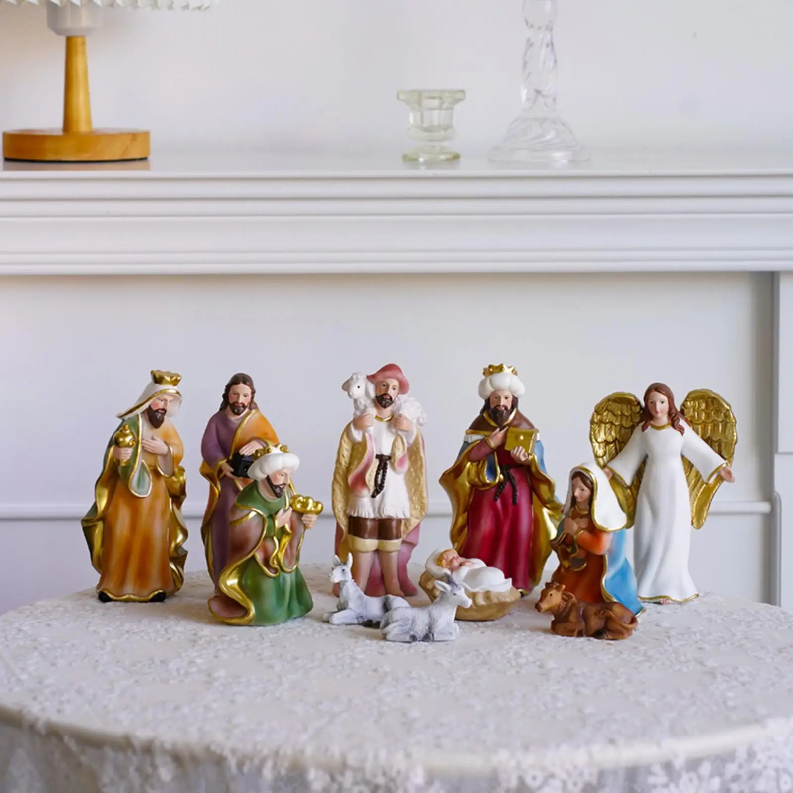 11Pcs Nativity Figurine Set Decorative Religious Holy Family Birth of Jesus Statue Manger Set for Office Home Desk Shelf