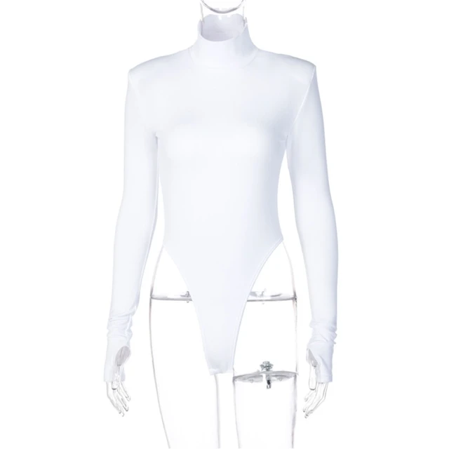 White Backless High Neck Thumb Hole Bodysuit, Bodysuits