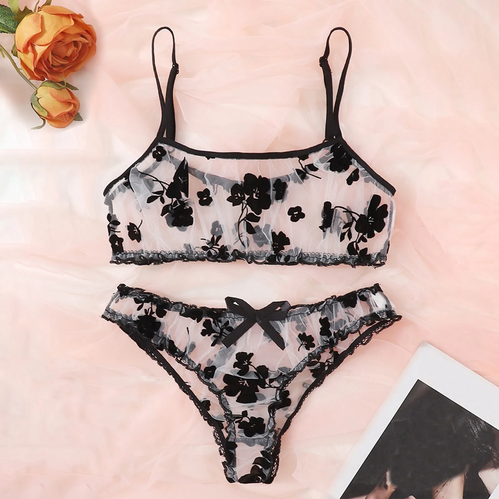 bralette sets 25# Erotic Sexy Lingerie Sets Women Sensual Underwear Push Up Bra With Lace Transparent Seamless Intimate Flower Embroidery bra and panty