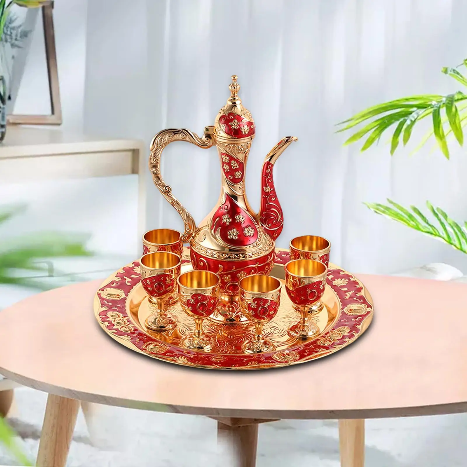 Vintage Style Turkish Coffee Pot Set 6 Cups Beverage Serveware for Bedroom Decor