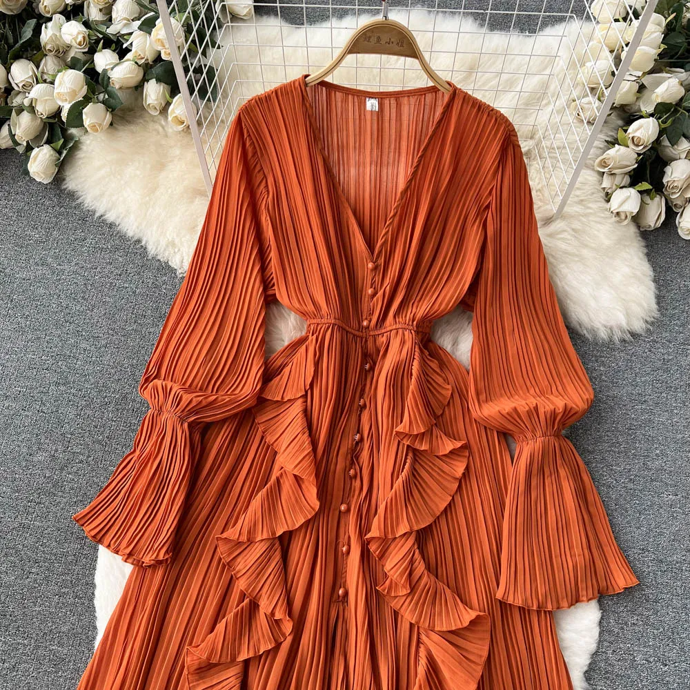 Purple/Brown/Red Chiffon Pleated Long Dress Women Vintage V-Neck Flare Sleeve Draped Ruffle Vestido Female Maxi Robe Spring Fall party dresses for women