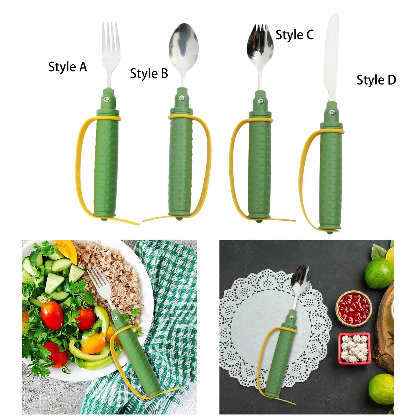 Easy Grip Spoon Fork with Silicone Holder Universal Anti Slip Anti shaking Stainless Steel Caring Utensils for Eating Elderly