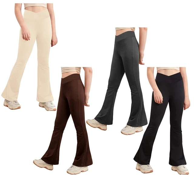 Girl's Leggings Cross High Waisted Flare Pants Yoga Bootcut Pants Solid  Color Full Length Bell Bottoms 11-12 Years Black