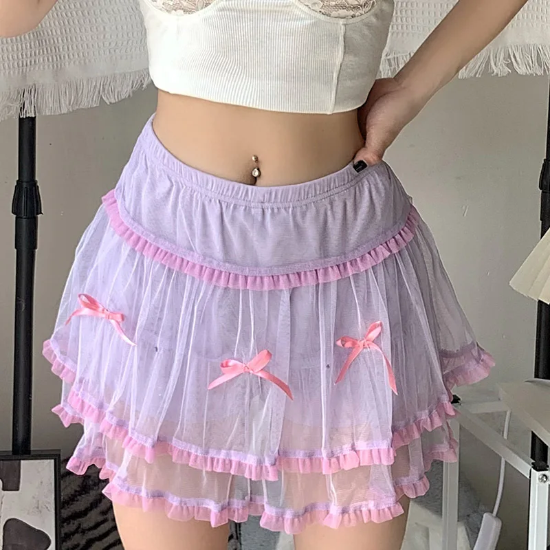 Contrast Color Mesh High Waist Slim Bow A-Line Skirt Cute Purple Patchwork Micro Mini Skirts 2022 Women Summer purple skirt