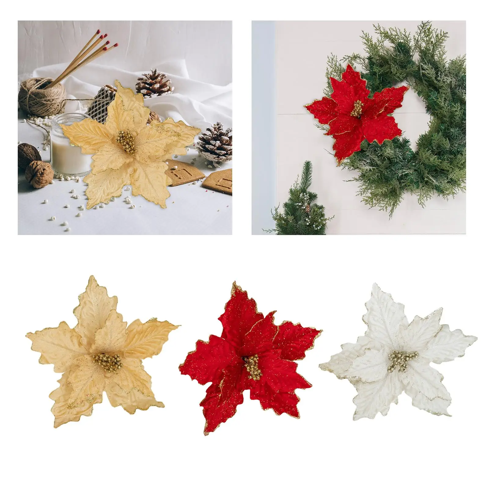 Artificial Flowers Glitter Christmas Flower Hanging Decors Xmas Tree Decorations Ornament for Bouquets Winter Season Holiday