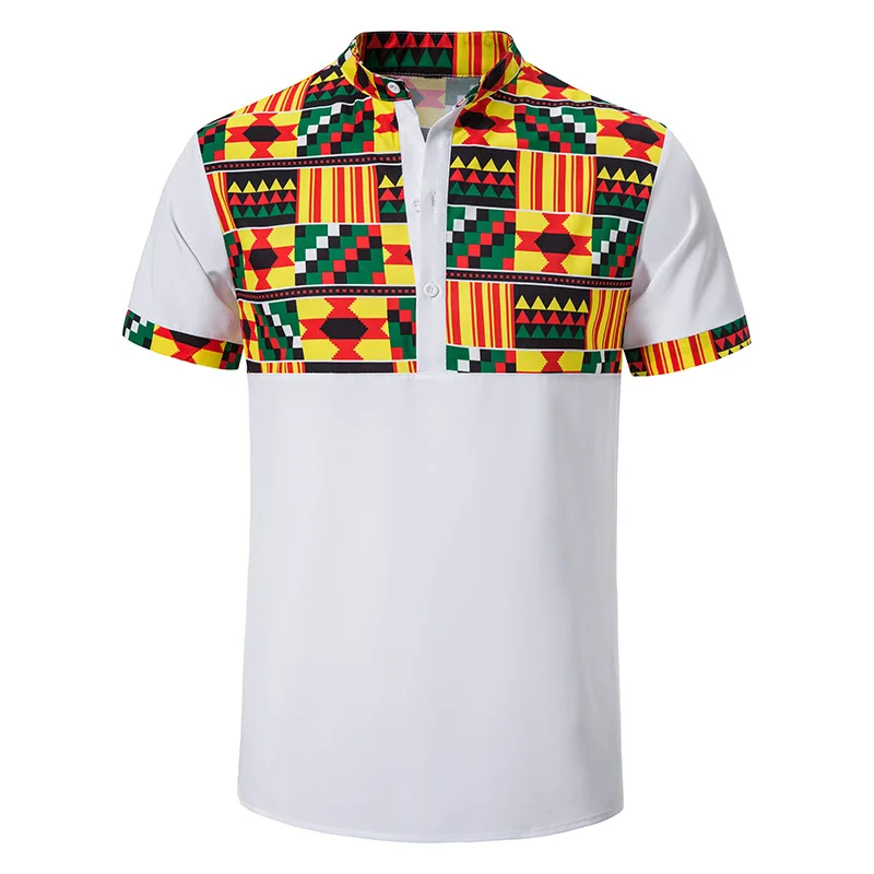 African Fashion Shirt Dashiki Kente Geo Panel Print Golf Shirt Patchwork Men Summer 3 Button Skinny Tops Short Sleeves Plus Size