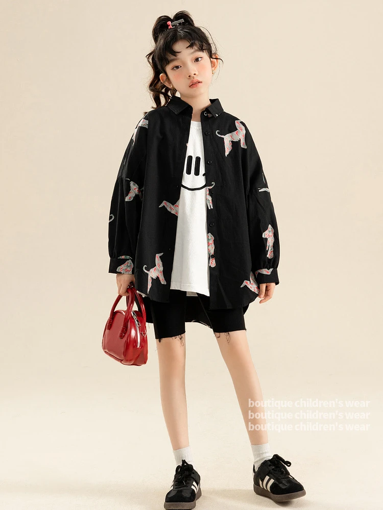 Casual Top  Girls Black Print Long Sleeve Loose Blouse Teen Kids Shirts Spring Autumn Fashion School Children Tops Blousees with Dog image