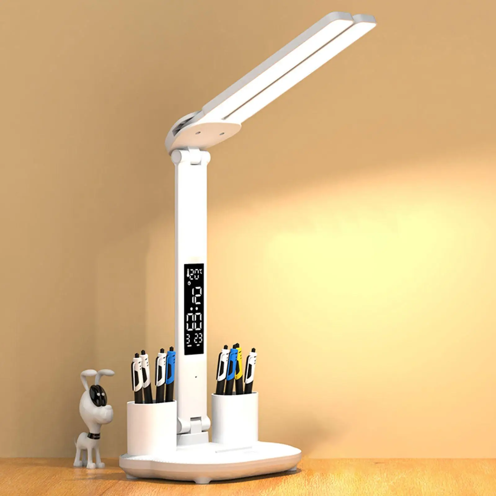 LED Desk Lamp with Pen Holder USB Rechargeable Desk Light with Clock Date