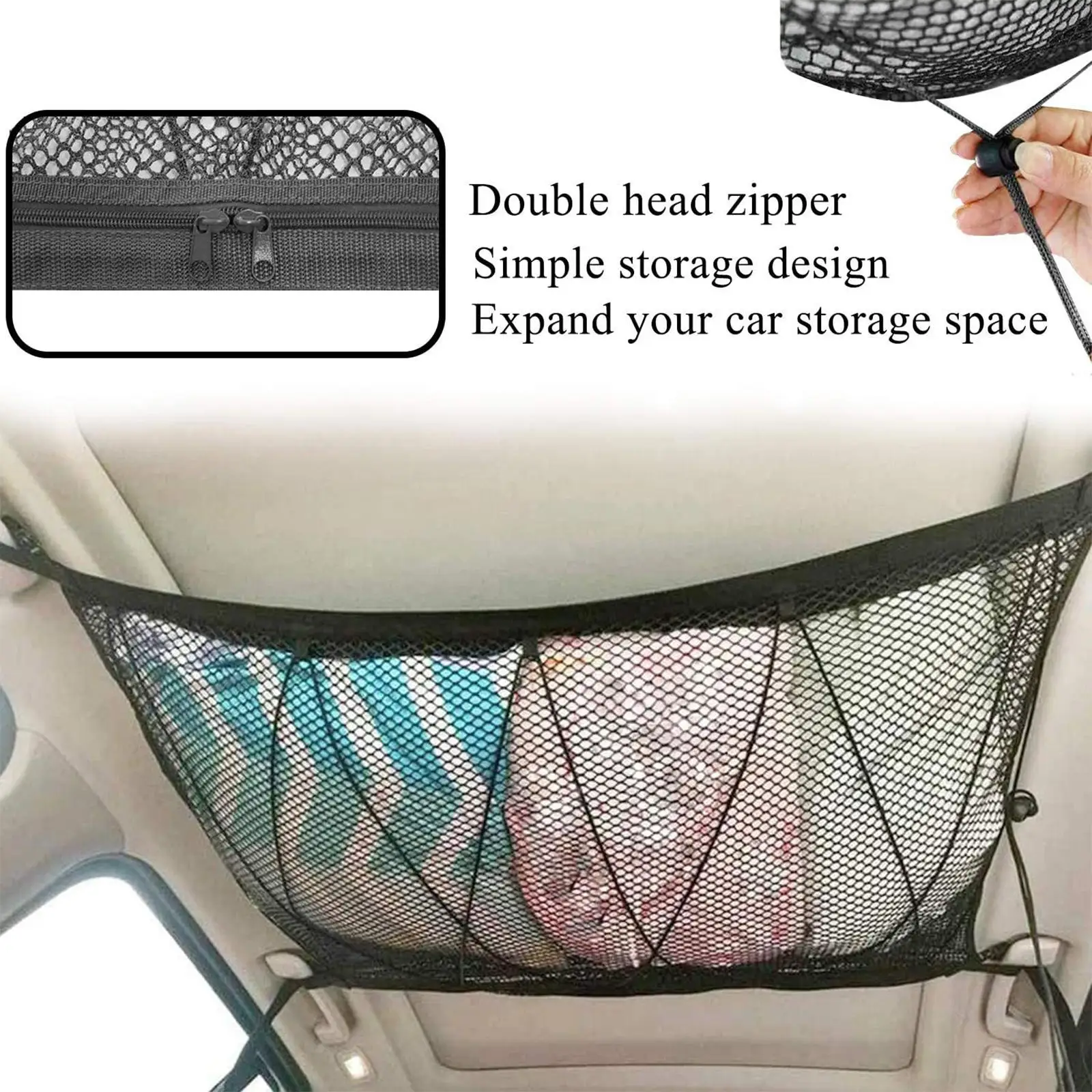 Car Ceiling Cargo Pocket Roof Storage Organizer Adjustable for Towel Quilt