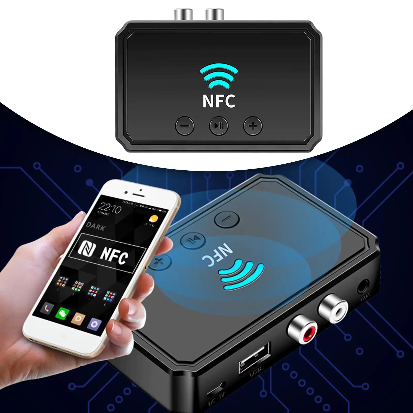 NFC Bluetooth 5.0 Audio Adapter Transmitter Support USB Sound System Stereo 3.5mm AUX or RCA Input Receiver for Phones TV Home
