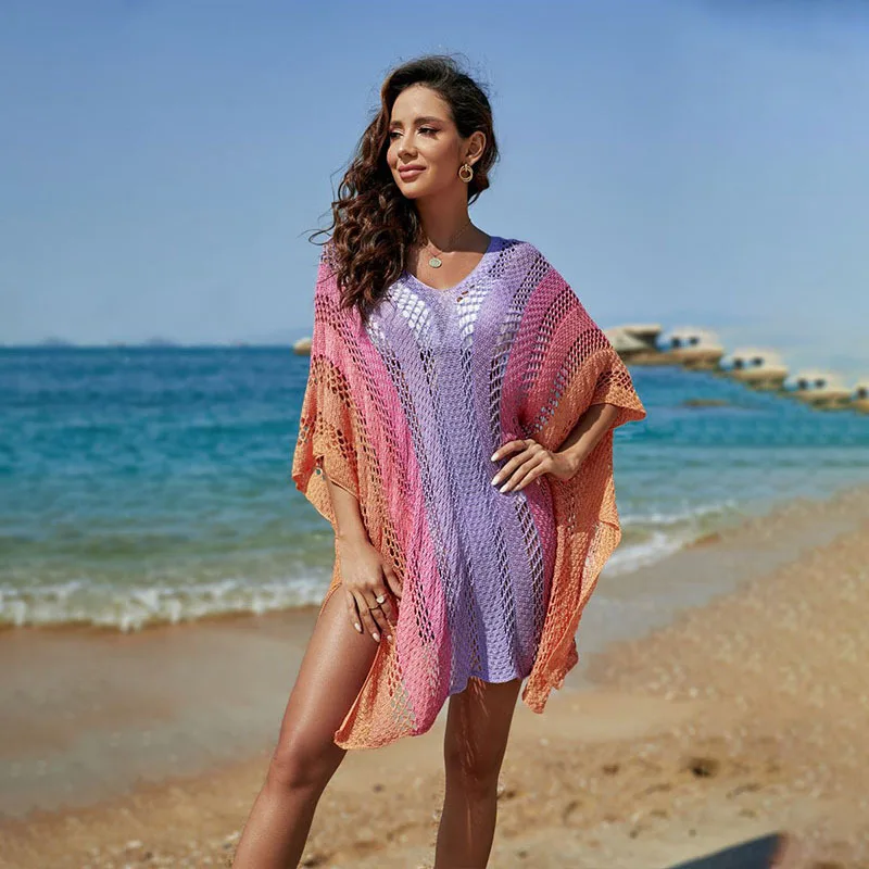 Rainbow Beach Tunic Women Sexy Crochet Dress Bikini Cover Ups for Swimwear V Neck Summer Holiday Knitted Bathing Suits