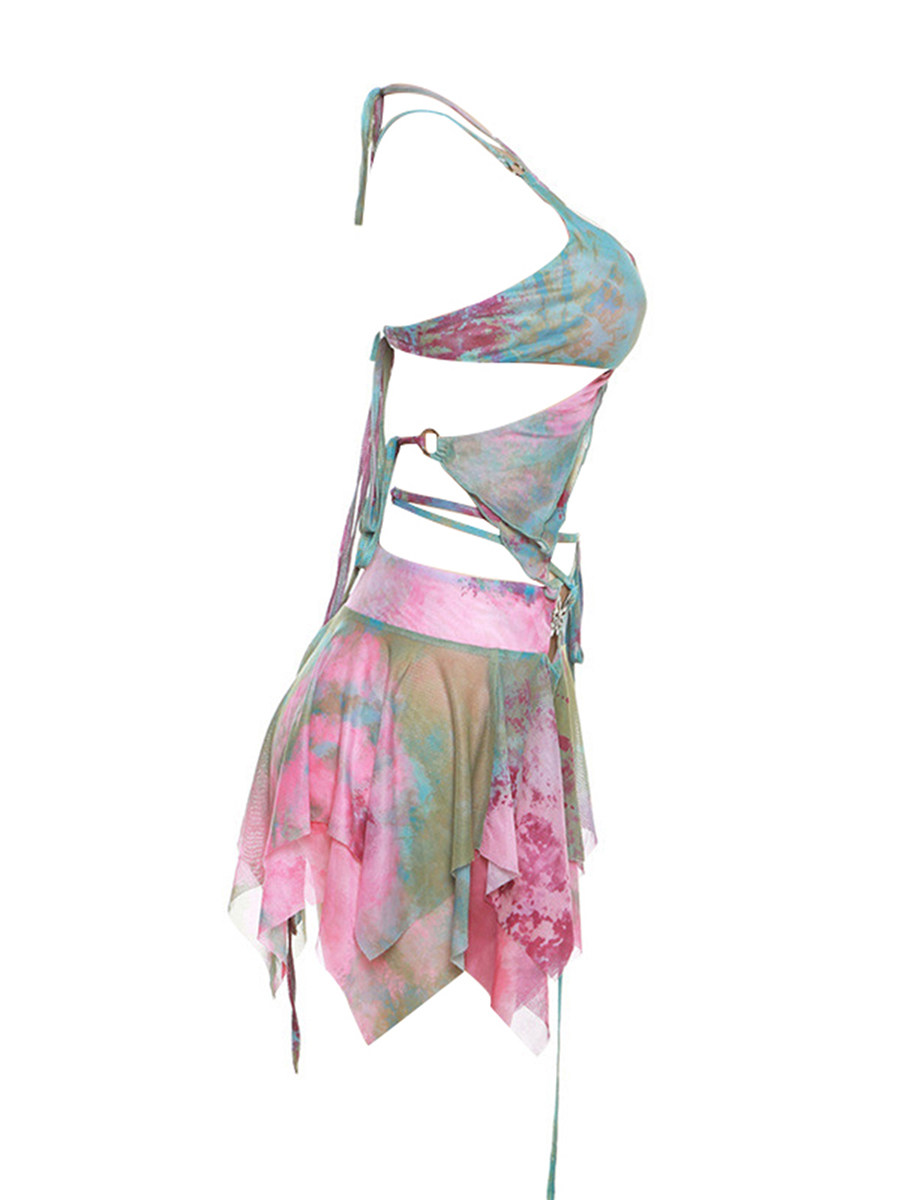 Frauen y2k 3 Stück Sommer Outfits Mode ästhetische Langarm Achsel zucken Tops Krawatte Dye Print Weste unregelmäßigen Minirock Set für Party – Detail 7