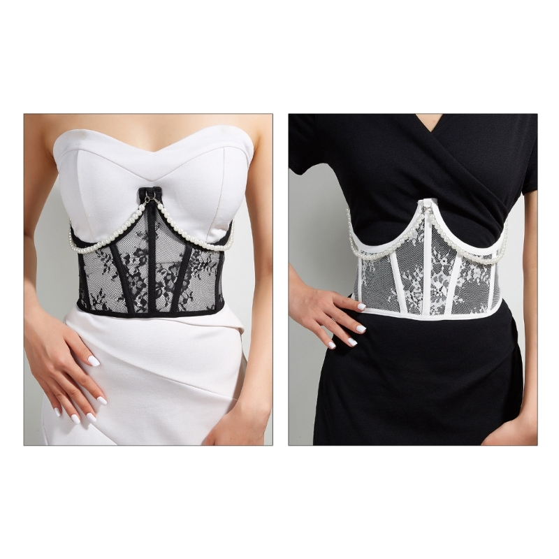 Q0KE Sheer Spitze Taille Korsett Jugendliche Frau Baumeln Perle Kette Decor Body Shaper Gürtel Extender Streetwear Taille Dekore – Detail 2