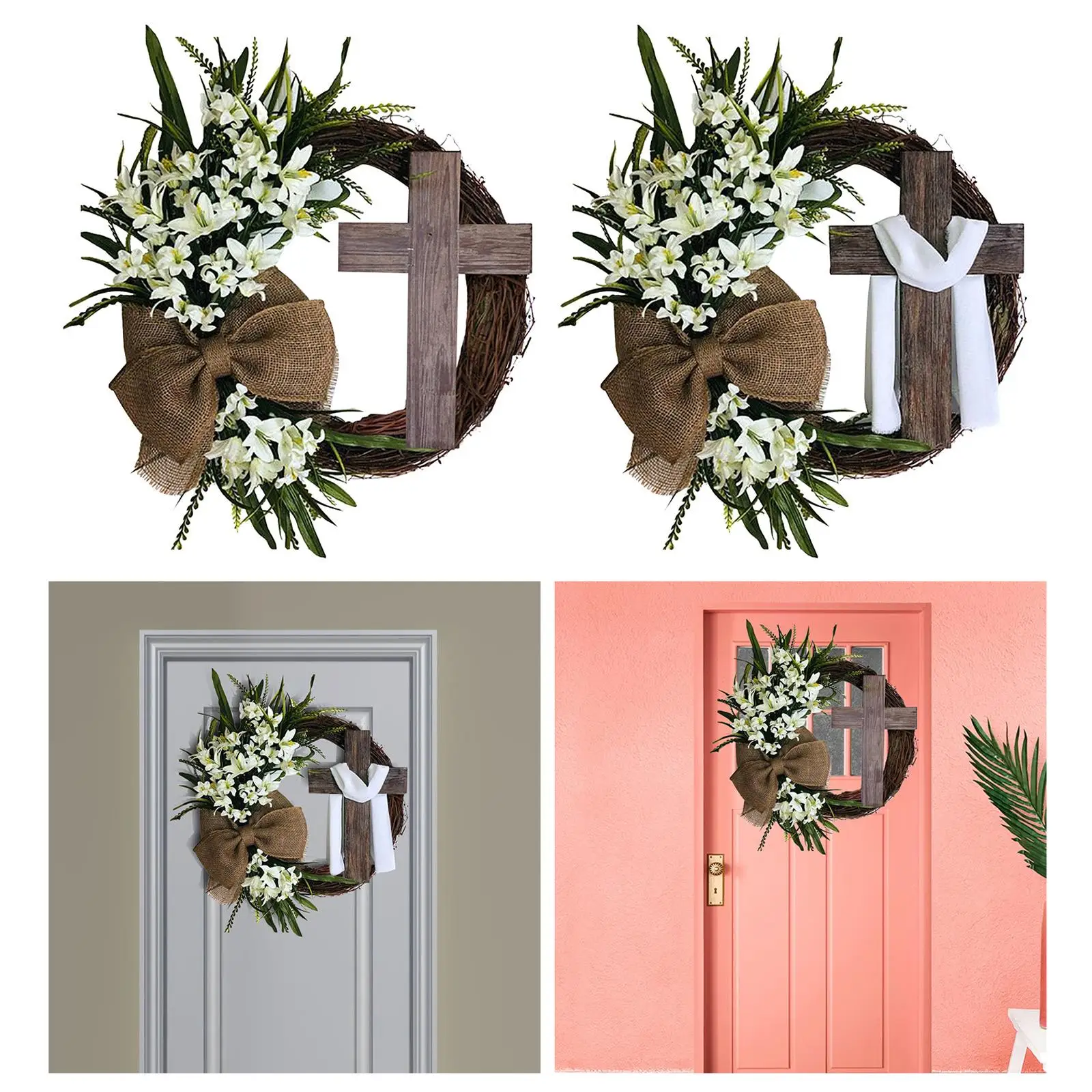 Round Easter Wreath with Grapevine Hanging Craft, with Burlap Decor Rustic DIY for Home Front decor Holiday 
