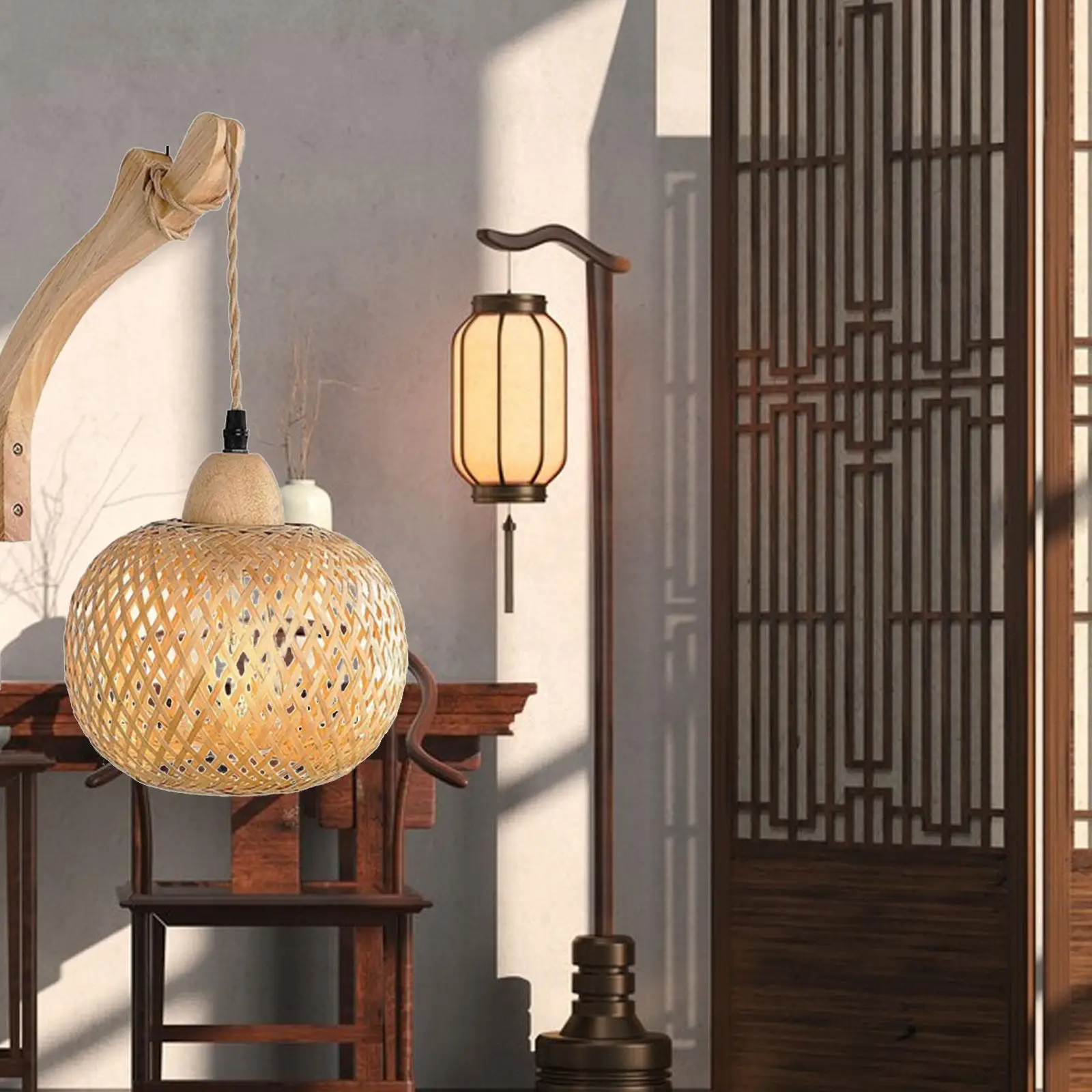 Rattan Wall Sconce Farmhouse Woven with Wooden Base Shade for Home Dining Room