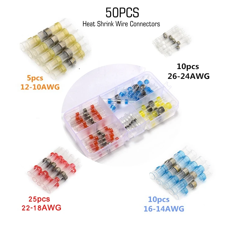 50pcs 26-10 AWG Solder Sleeve Heat Shrink Butt Wire Splice Connector Waterproof 
