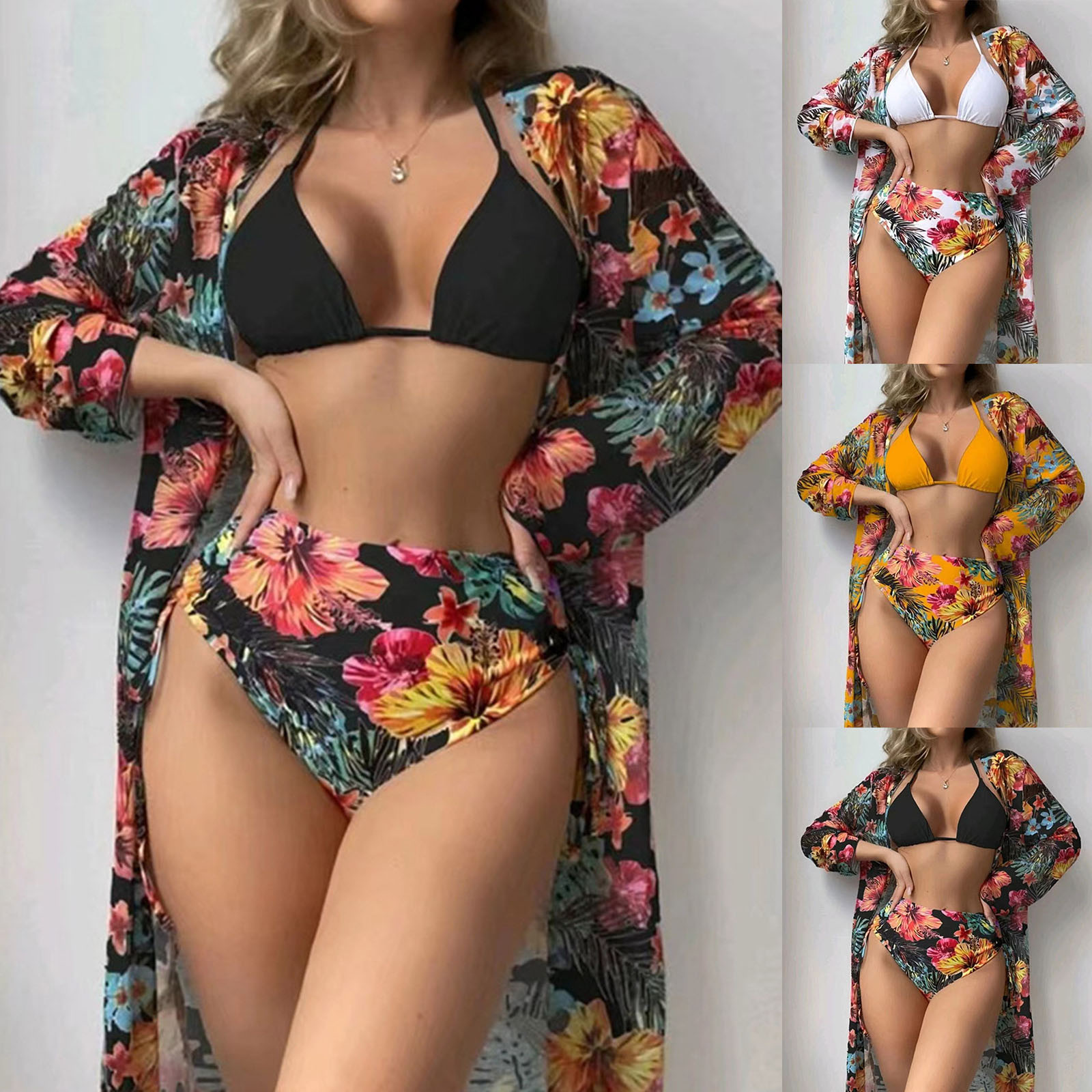 Floral Low Waist Bikini Set Cover Up , Swimsuit For Women Push Up , Long  Sleeve 3 Pieces Swimwear , Beach Bathing Suits # NP 