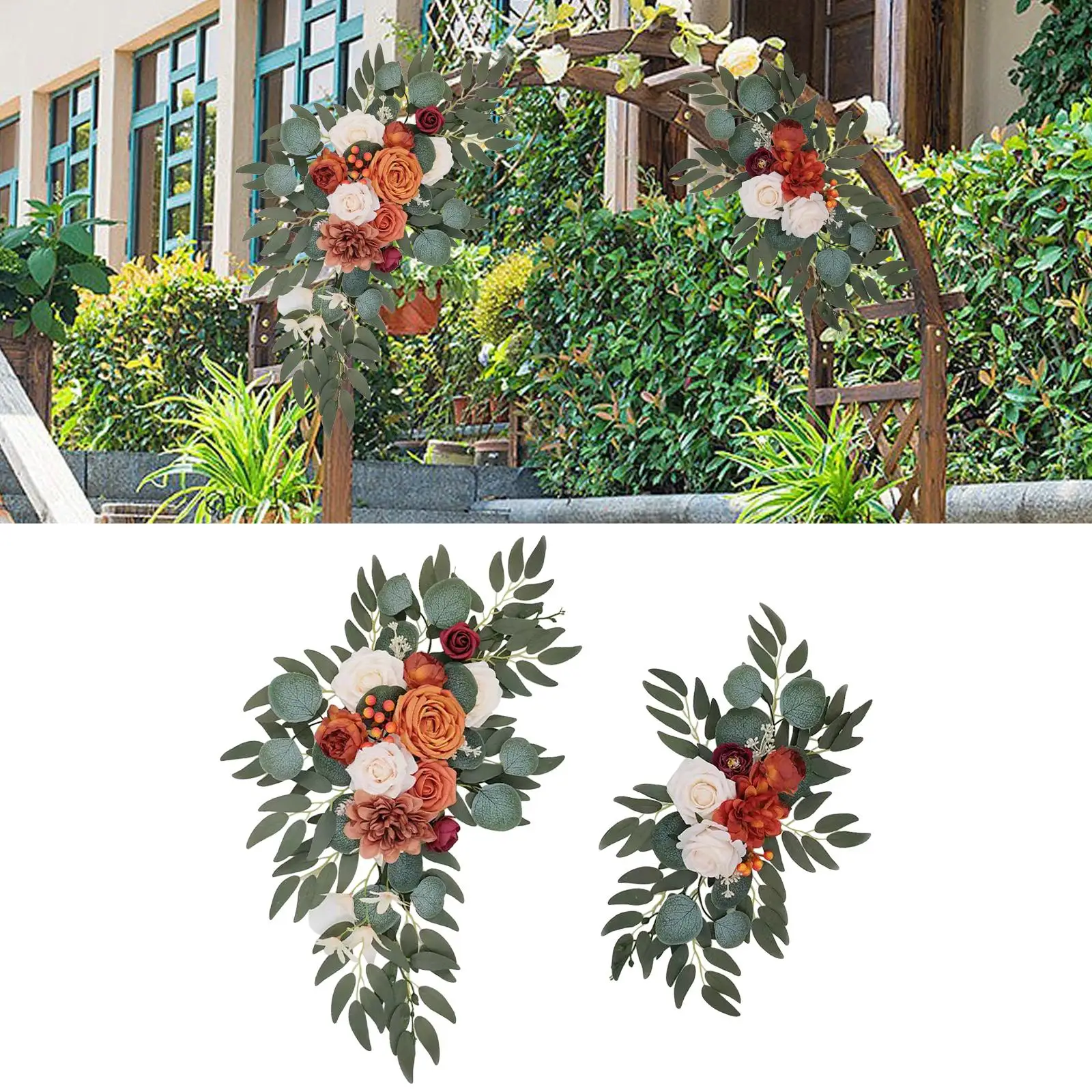 2 Pieces Artificial Flower Swag Sunflowers Rustic Arch Floral Arrangement Display Fake Plant for Ceremony Home Party Garden Door