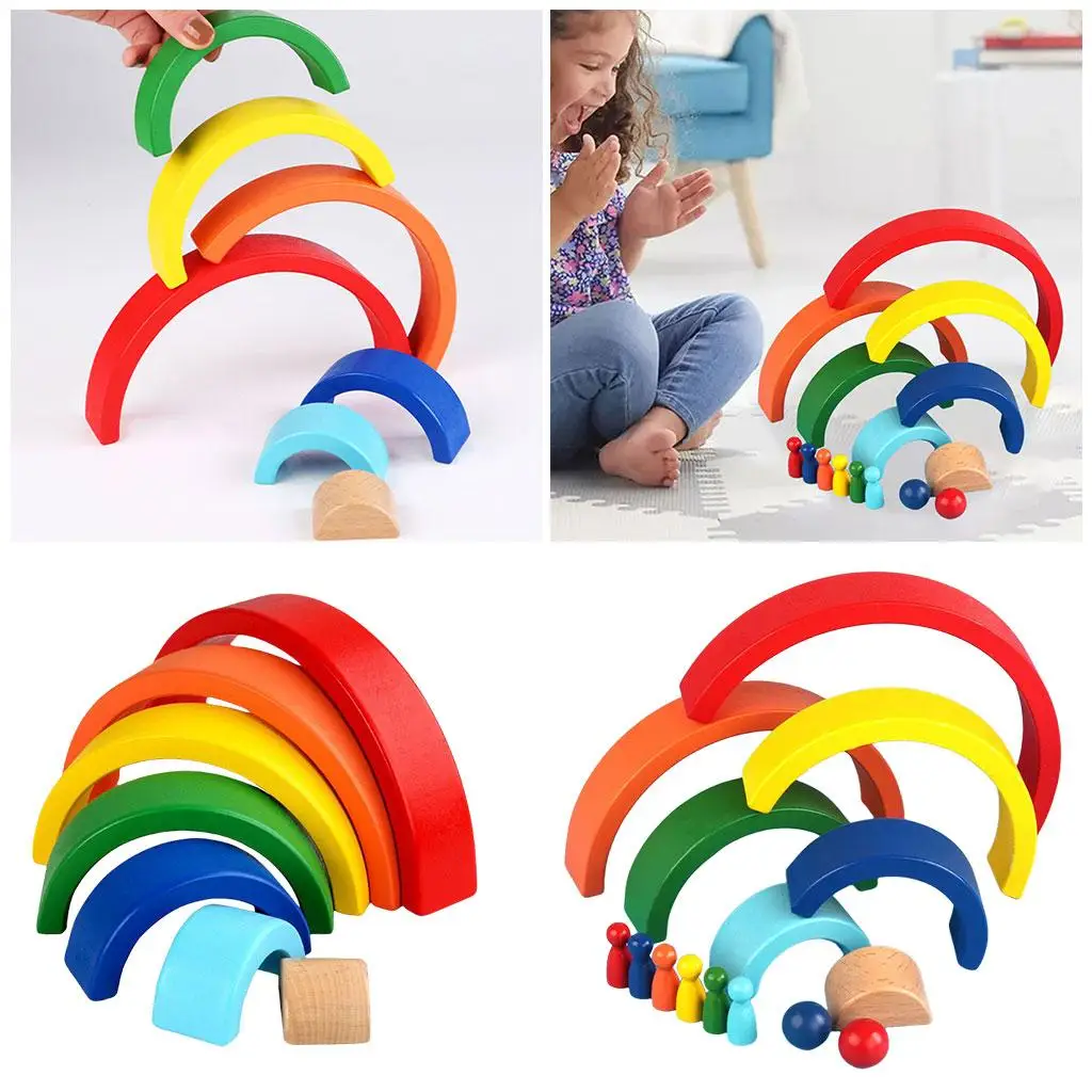 Rainbow Stacker Arch Bridge Blocks Set Birthday Gift for Boys Girls 3 Year Old and up , Color Shape Matching Sturdy Creative