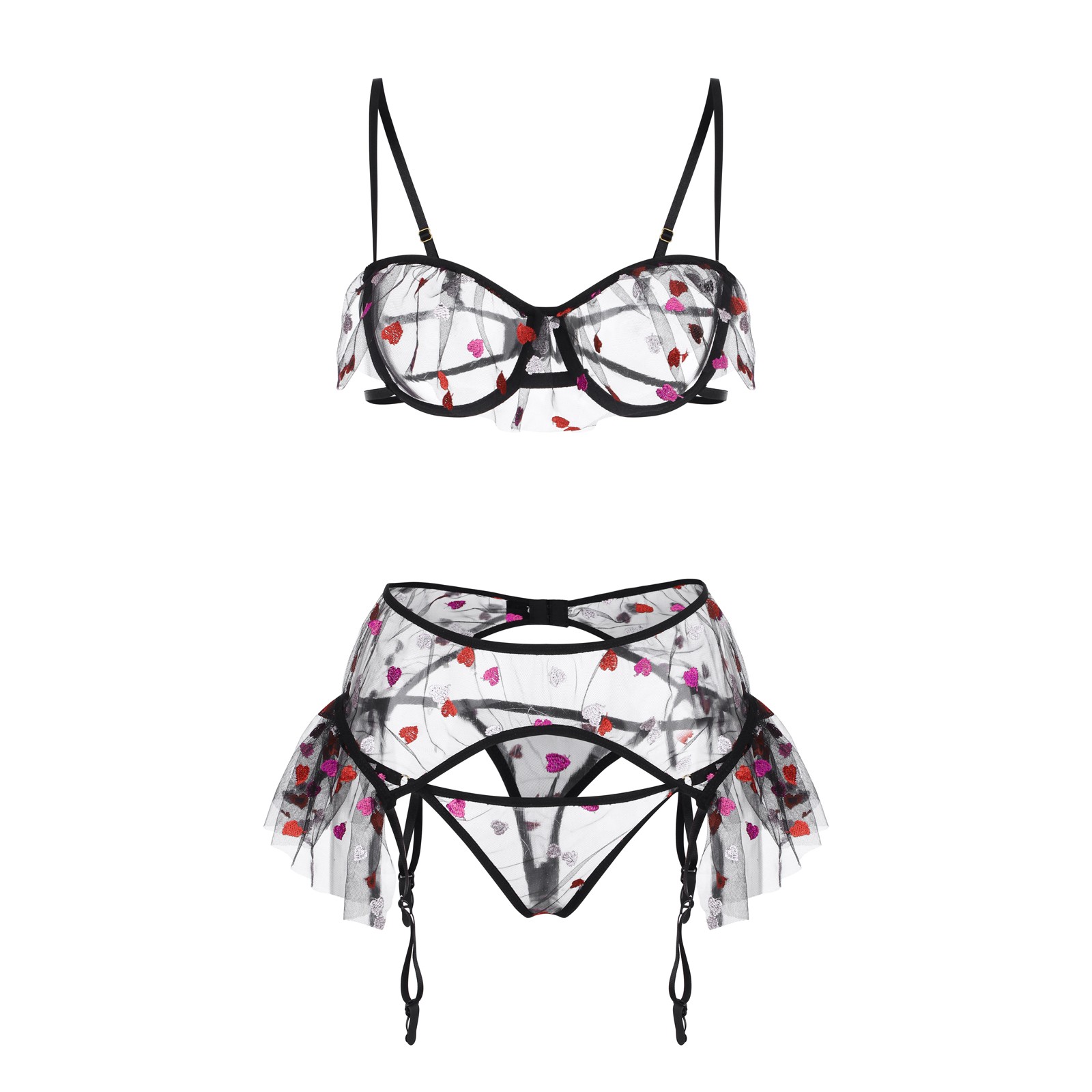 Lingerie sexy amore ricamo a forma di cuore reggiseno perizoma perizoma giarrettiera set di biancheria intima erotica donna prospettiva a rete esotica_voghion.com